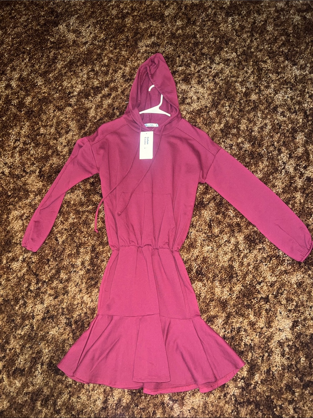 Hooded Long Sleeve Ruffled Hem Dress - Berry